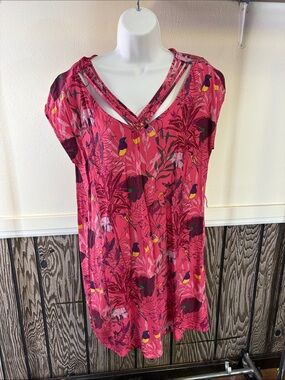 Bright Pink Tropical Print Swim Cover-Up with V-Neck Strap Detail